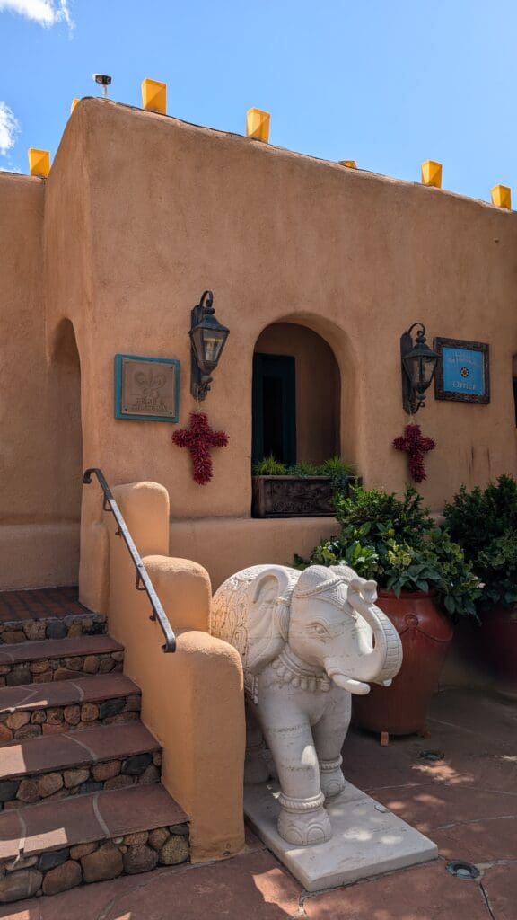 Entrance to the Inn of the Five Graces, the adobe exterior.